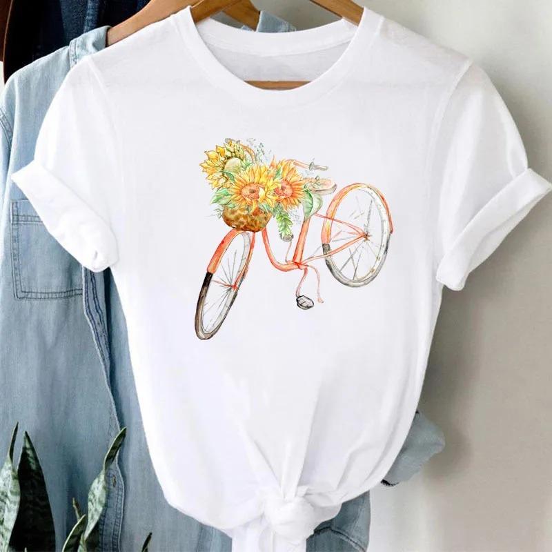 New Bicycle Flower Love Retro Loose Simple Cute Half Sleeve Short Sleeve T-shirt Woman Summer fashion polyester fabric