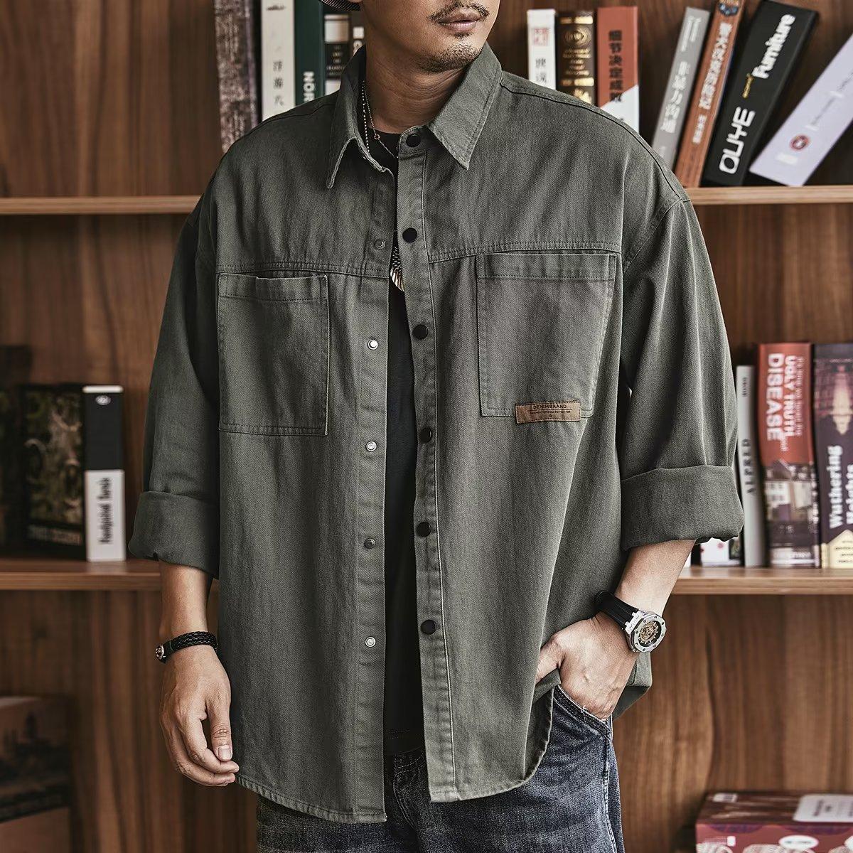 

Мужская рубашка с длинным рукавом, повседневная рубашка большого размера с воротником-стойкой, легкая деловая рубашка L зелёный