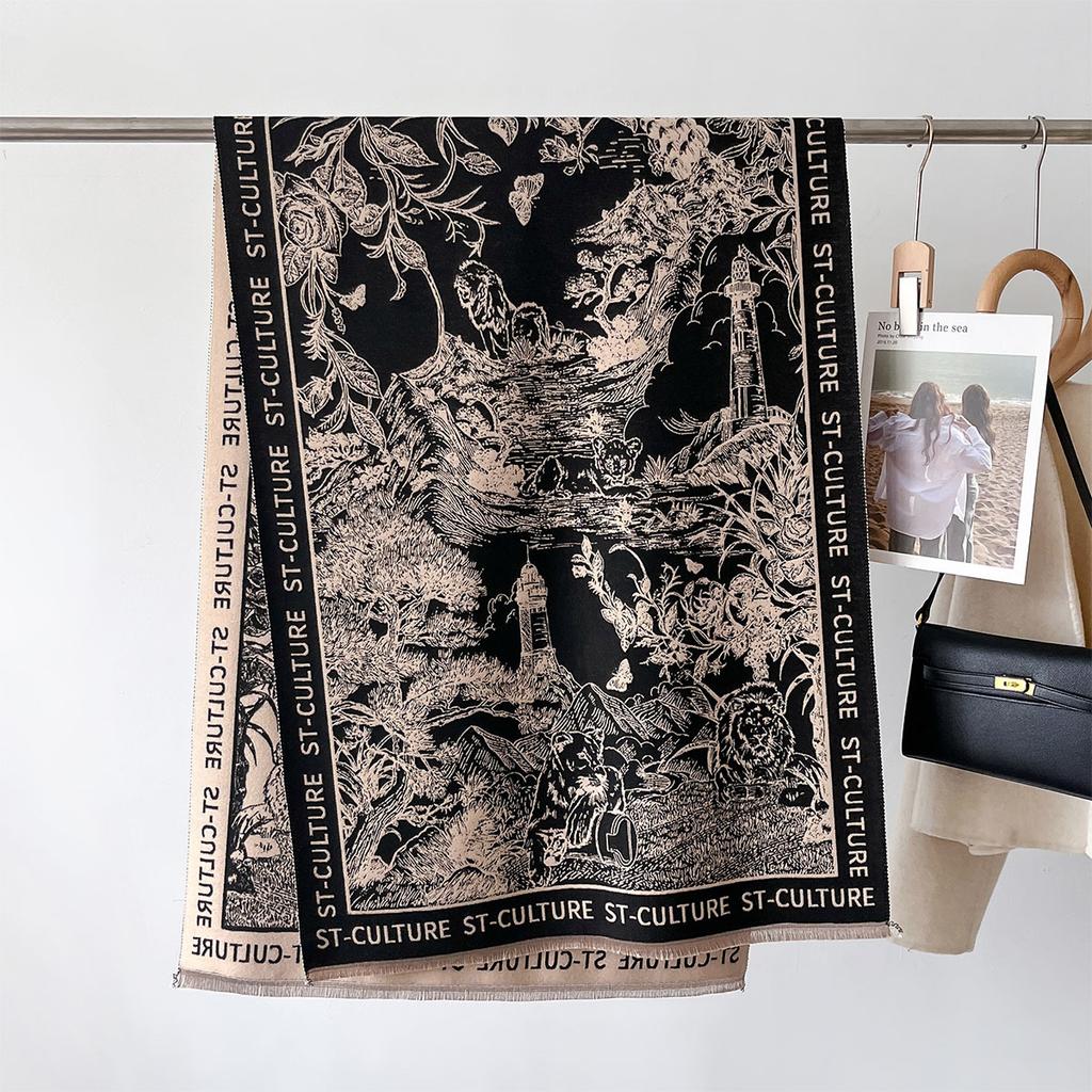 Autumn Winter Women Imitation Cashmere Scarf Korean Vintage Printed Letters Luxury Warm Thickened Neck Scarves Bandana Pashmina