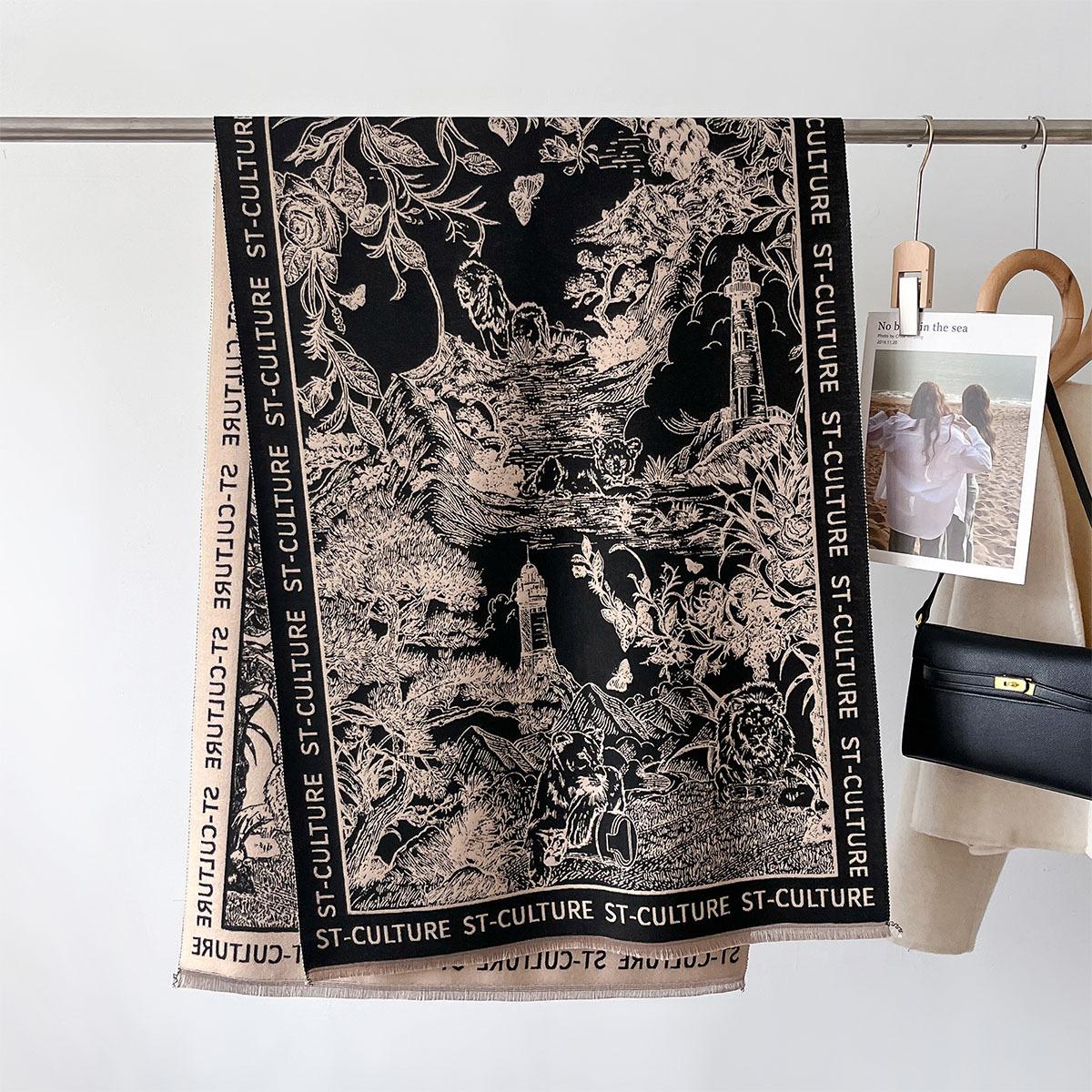 

Осень Зима Женский Имитация Кашемира Шарф Корейский Винтажный С Принтом Букв Роскошный Теплый Утолщенный Шарф на Шею Бандана Пашмина 66X186cm