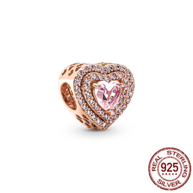 Rose Gold Sparkling Levelled Heart Beads Pink Air Balloon Charms 925 Sterling Silver Jewelry Fit Original Fasion Bracelet