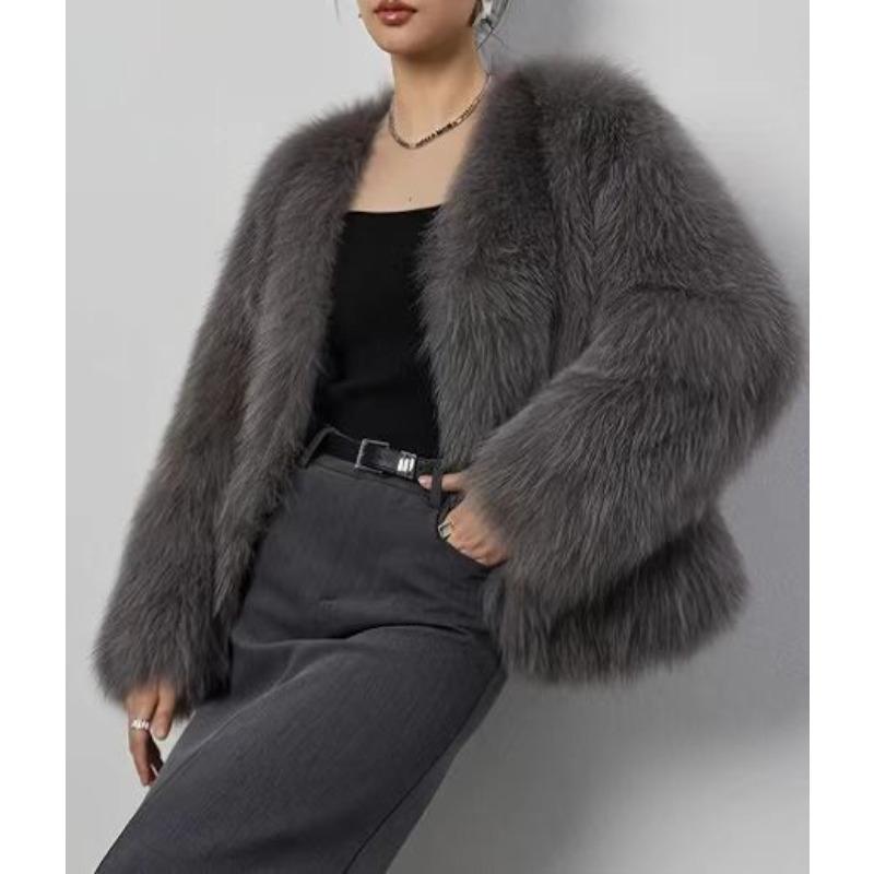Fur V-neck faux fur jacket short fashion fox fur jacket fluffy plush women's clothing