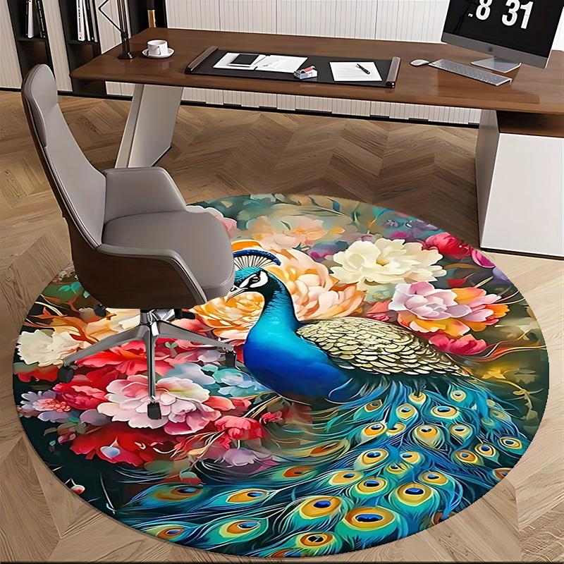1pc Peacock Floral Round Carpet Anime Design Office Chair Mat, Non Slip Rug for Home Decor, Gift, Office, Living Room, Bedroom
