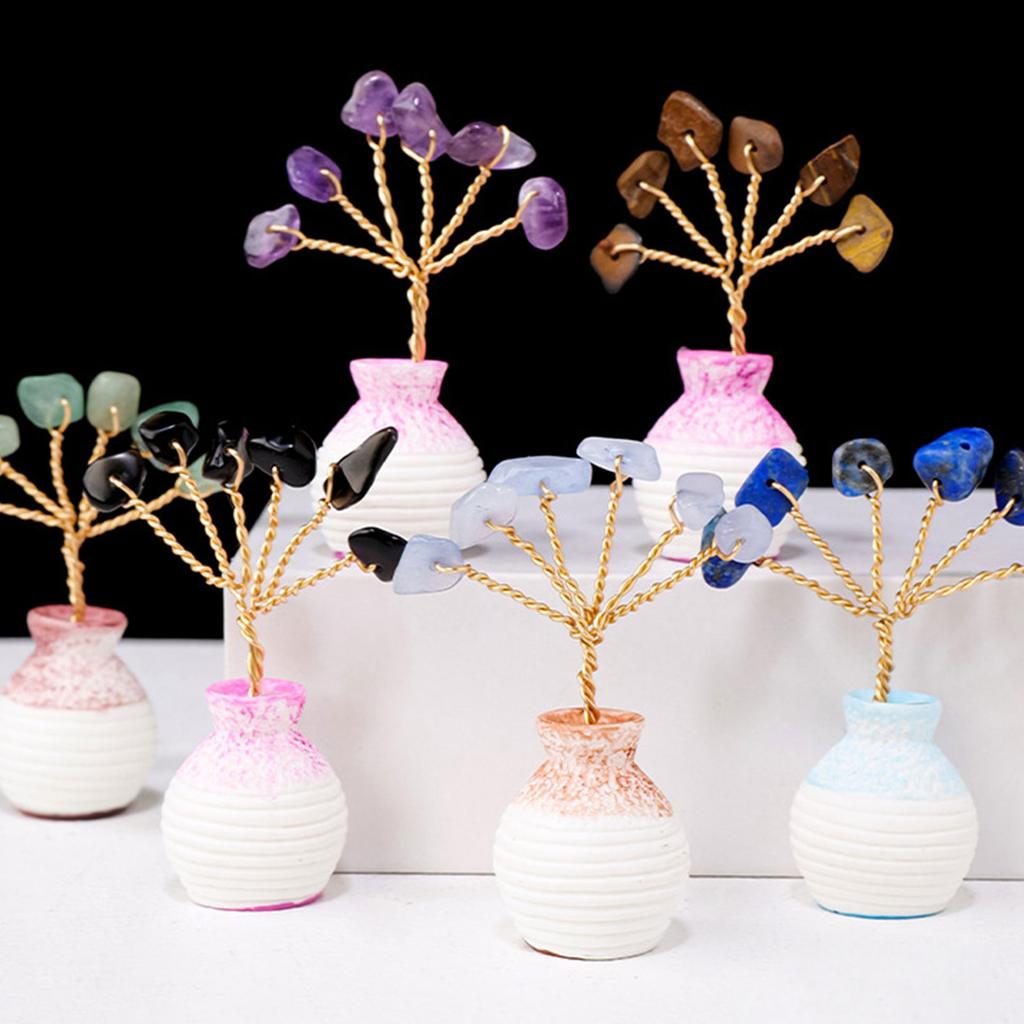 Crystal Feng Shui Money Trees Ornaments Mini Healing Gemstones Bonsai Tree Figurines W/ Ceramic Vase Office Home Decor