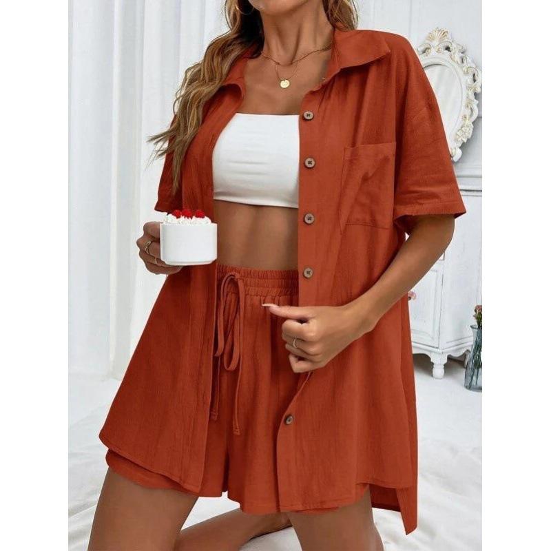 Women's New Fashion Casual Two-Piece Solid Color Loose Shorts & Short-Sleeved Shirt Set