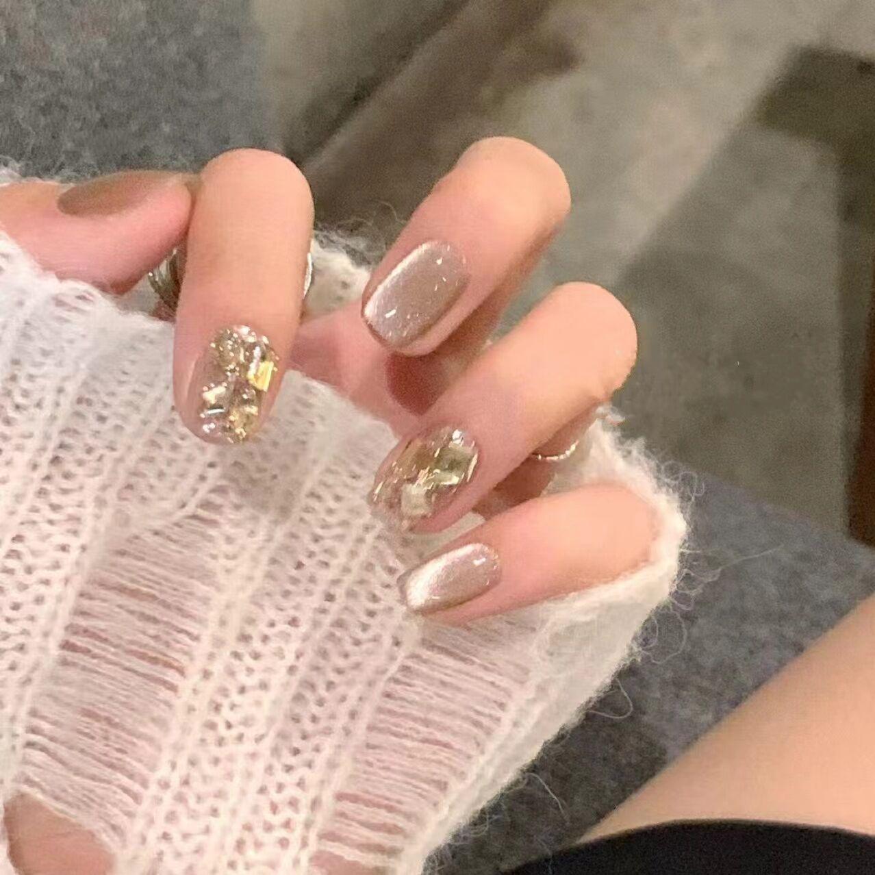 

30-Piece Cat Eye Nude Champagne Diamond Press-On Nails Glue Style