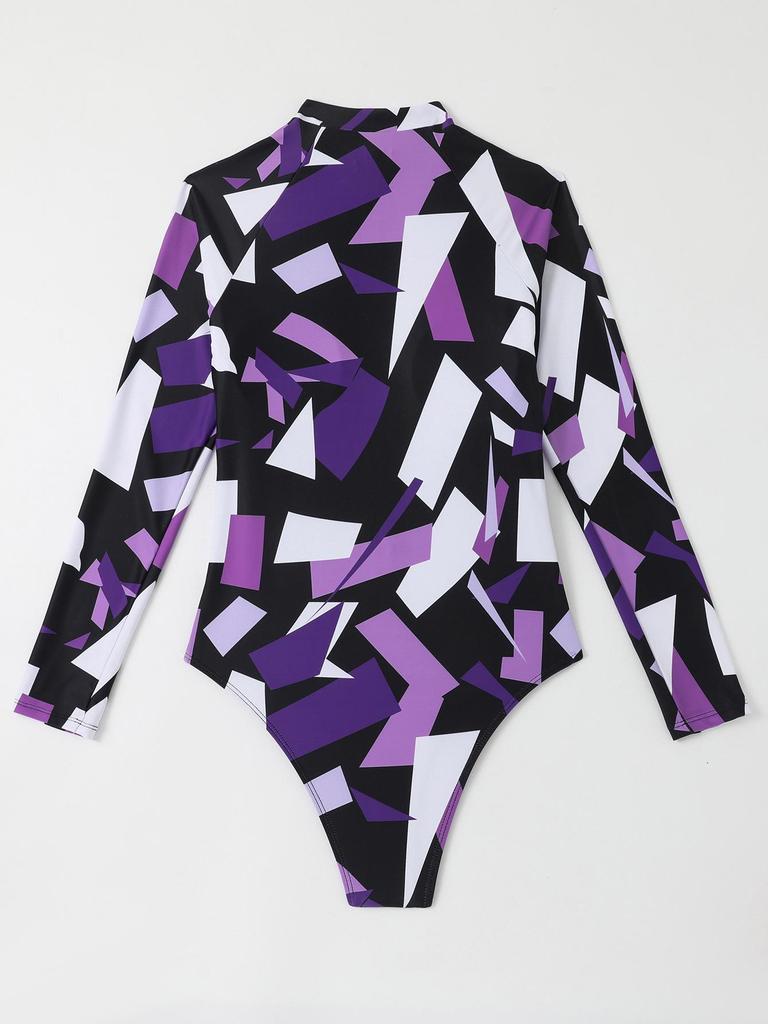 2024 Geometric Print Long Sleeve One-Piece Swimsuit for Women