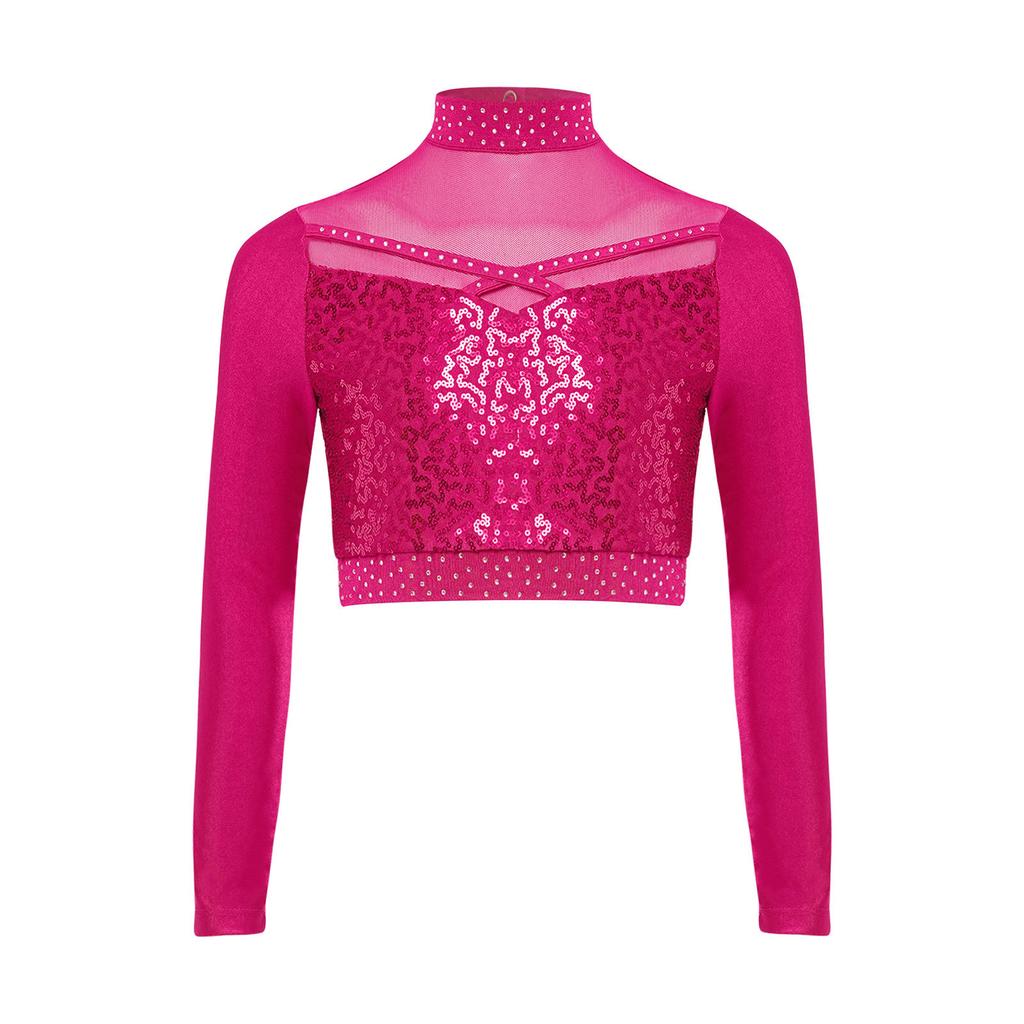 Dziewczęcy Crop Top do Tańca Jazzowego z Wysokim Dekoltem i Długim Rękawem, Przezroczysta Siateczka, Patchwork, Błyszczące Płatki, Kostium na Występ