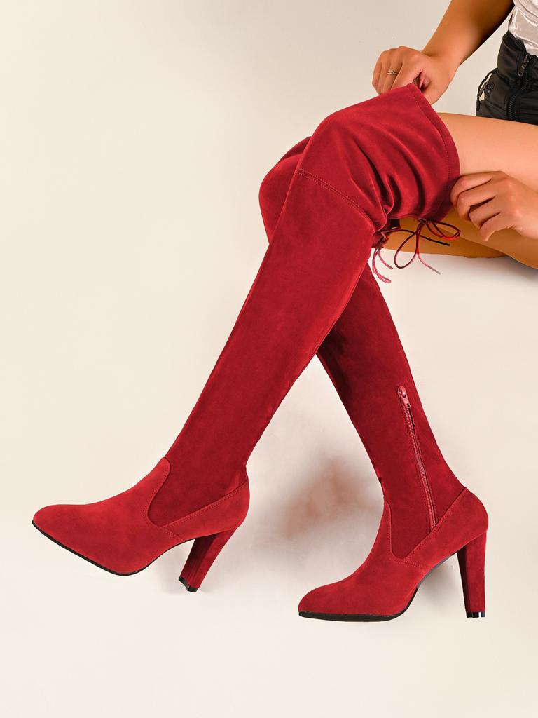 Fashion Women Boot Faux Suede Women Over The Knee Boots Lace Up Sexy High Heels Shoes Woman Female Autumn Solid Slim Thigh High Botas