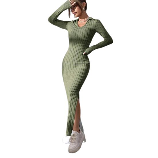 Rochie de primăvară de toamnă pentru femei, cu decolteu în V, cu tiv cu tăietură, cu mâneci lungi, până la gleznă, tricotată, elastică, rochie de petrecere pentru cumpărături