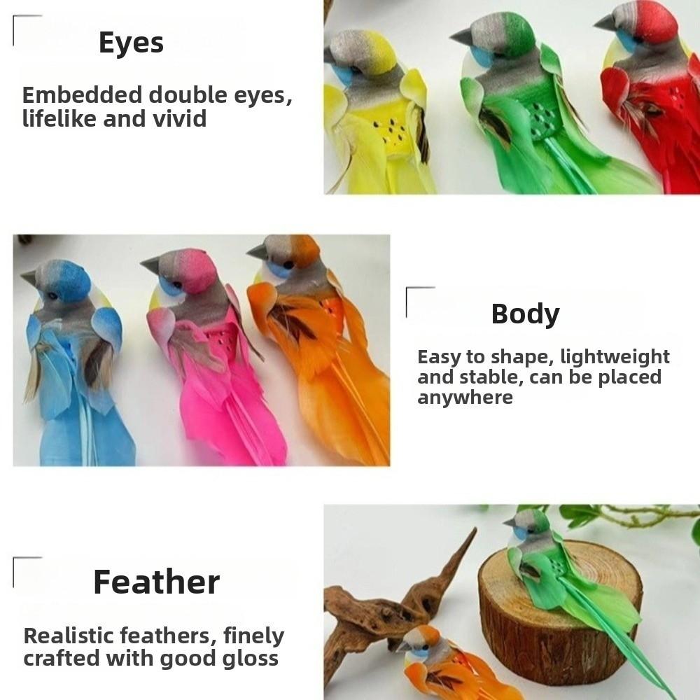 6pcs Colorful Simulation Birds with Clip Photography Props Long-haired Sparrow Home Decor Artificial Foam Feathers Birds