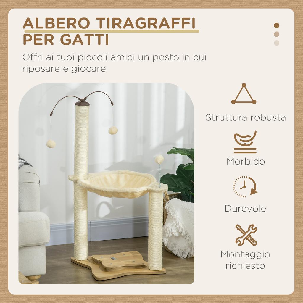 Cat Tree with Scratching Post for Cats Up To 5kg with Hammock, Play Balls and Sisal Posts, 53.5x53.5x90 Cm, Beige
