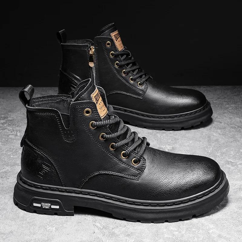 

Мужские ковбойские сапоги в британском стиле, высококачественные универсальные ботинки на платформе, мужские повседневные рабочие ботинки, мужские ботинки 44US95 чёрный