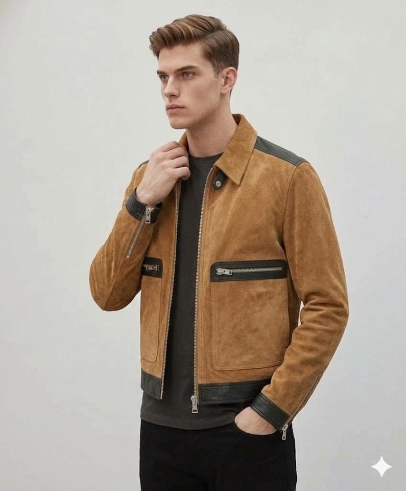 Men's Stylish Tan Biker Handmade Suede Lambskin Leather Jacket Genuine Soft Fit