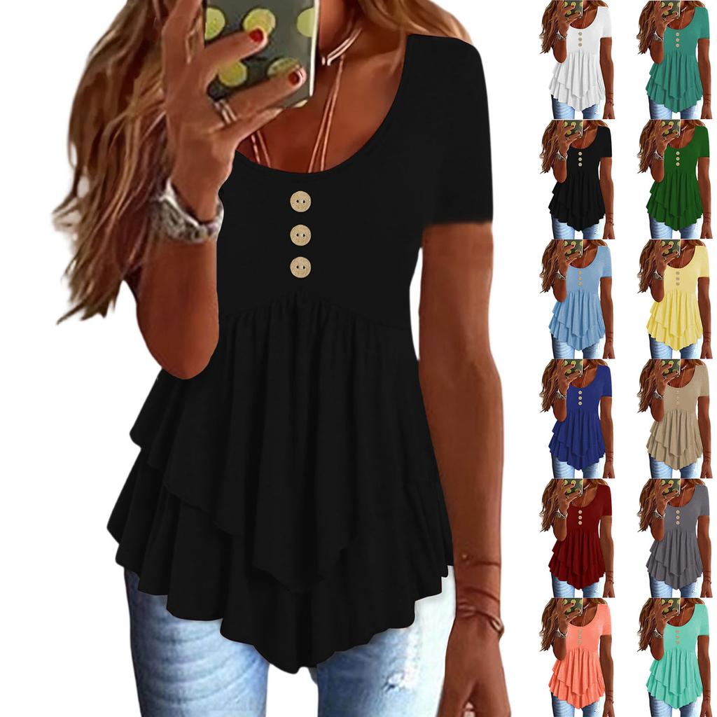 Women's Fashion Loose Three Button Casual Solid Colour Short Sleeve T-Shirt Top