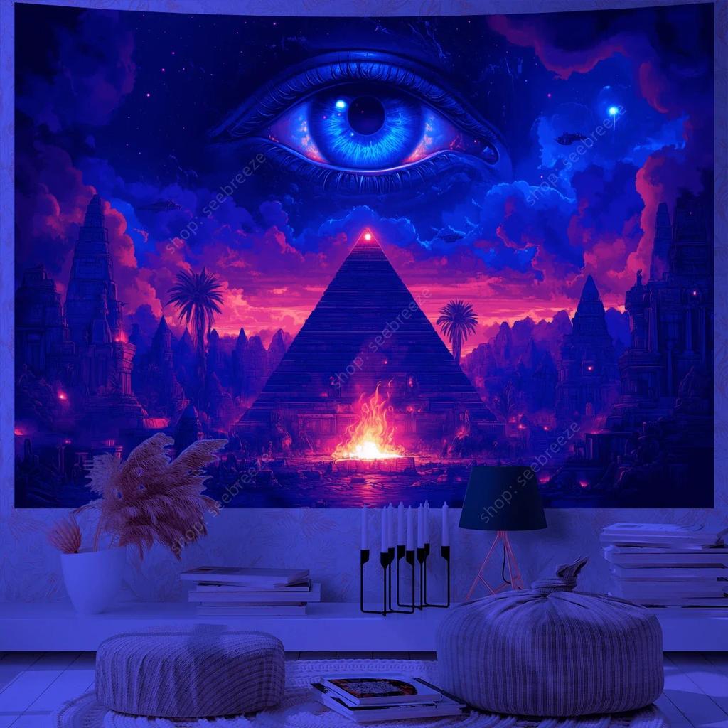 Psychedelic Eye of God UV Reactive Tapestry for Witchcraft Hippie Wall Hanging Bohemian Mandala Art Aesthetic Room Wall Decor