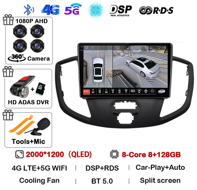 Android 14 Carplay Auto WIFI+4G For Ford Transit 2015 2016 2017 2018 GPS Car Radio Multimedia Video Player Stereo 360 Camera DSP