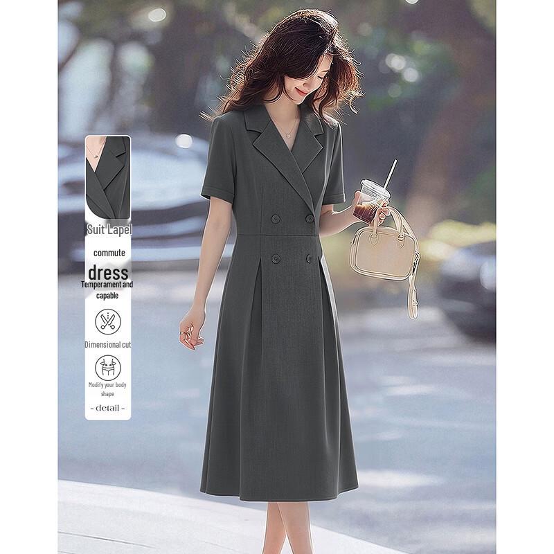 

Elegant Short Sleeve Suit Collar Midi Dress L
