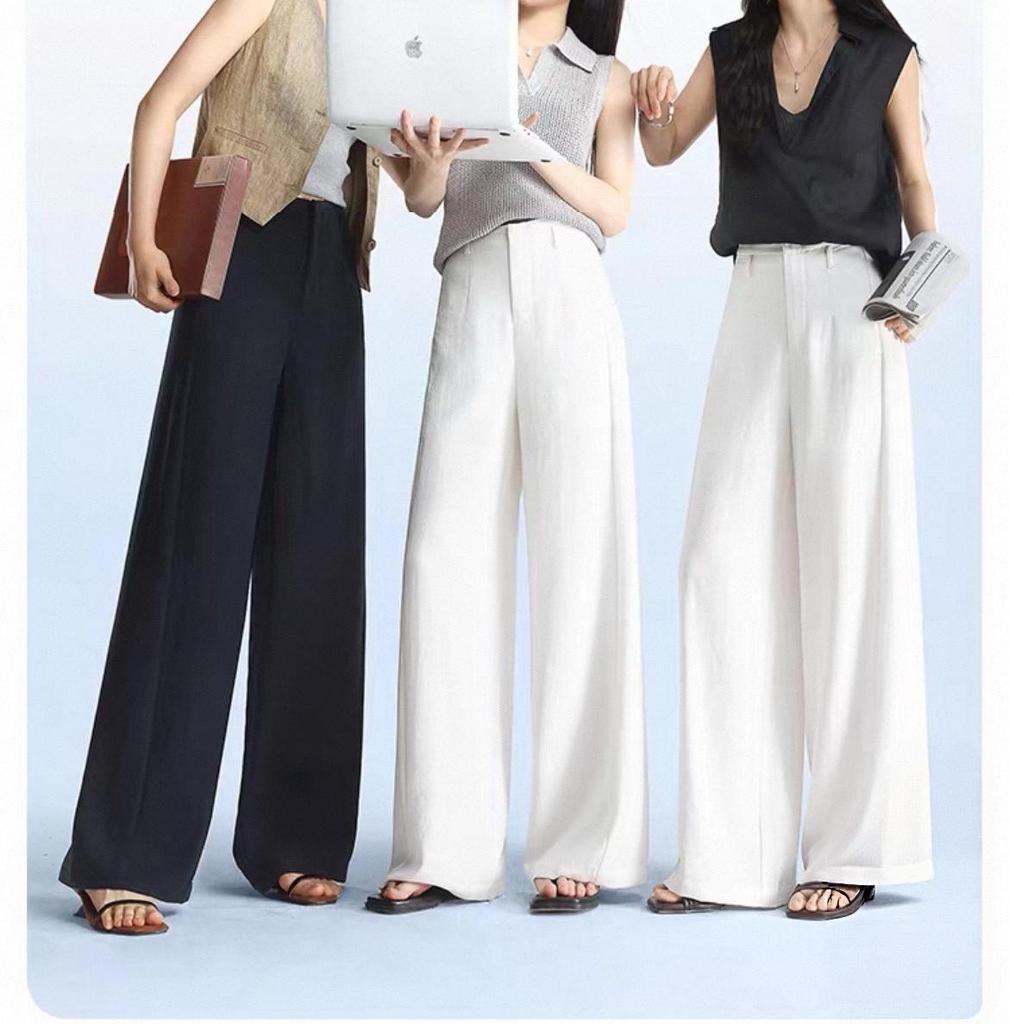 Petite Women's White Linen Wide-Leg Pants - Summer 2026, Lightweight, Wrinkle-Resistant, Extra Long, Casual Fit