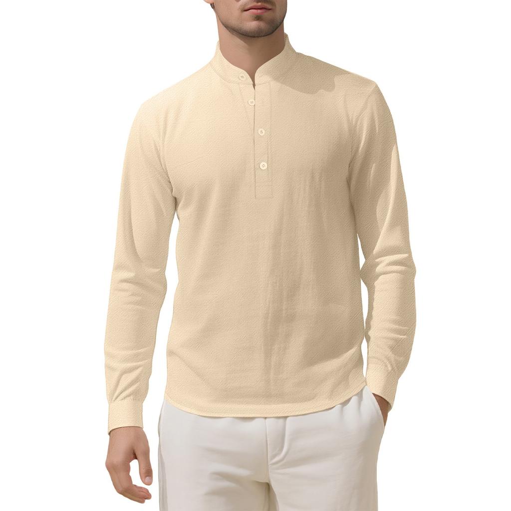 Men's Loose Linen Solid Color Long Sleeved Stand Up Collar Top Men's Casual Shirt