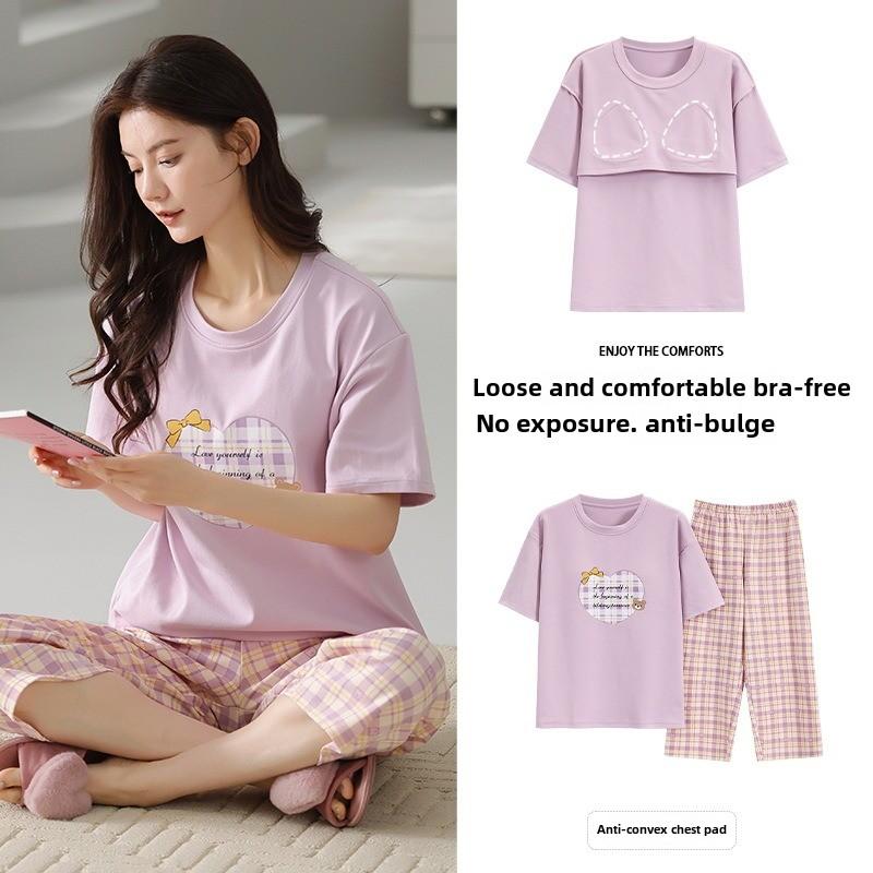 

Хлопковая пижама с нагрудными вкладышами, женские брюки с коротким рукавом, большие размеры, студенческая домашняя одежда, комплект из 2 предметов, женская одежда для сна, домашняя одежда M