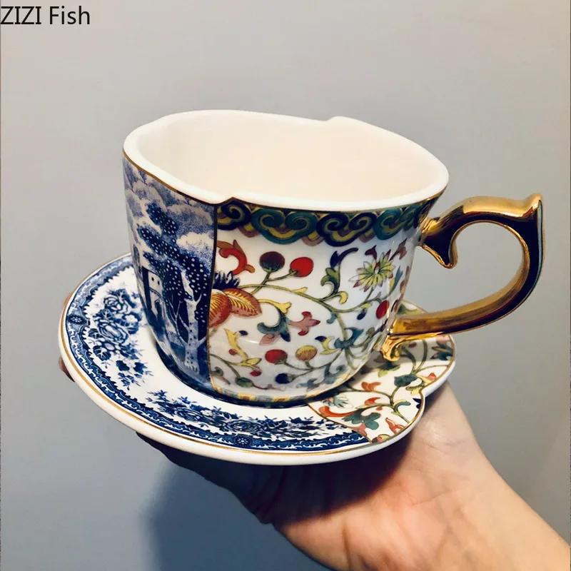 Luksusowy ceramiczny kubek ze spodkiem, europejski retro popołudniowy zestaw filiżanek do kawy i spodków, zestaw filiżanek dla par, kreatywne naczynia do picia