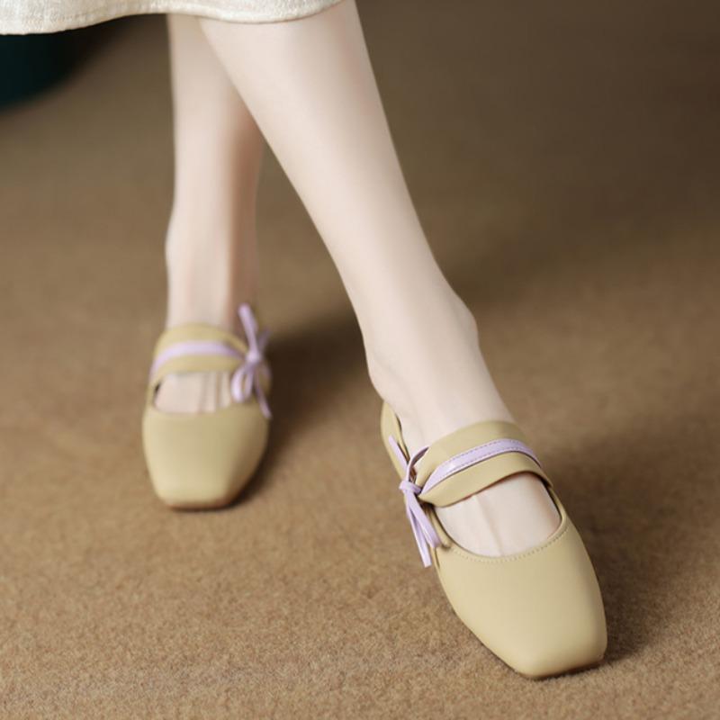 Spring New Single Shoes Women's Square Head Shallow Mouth Butterfly Knot Soft Sole Anti-slip Wear-resistant Low-top Shoes