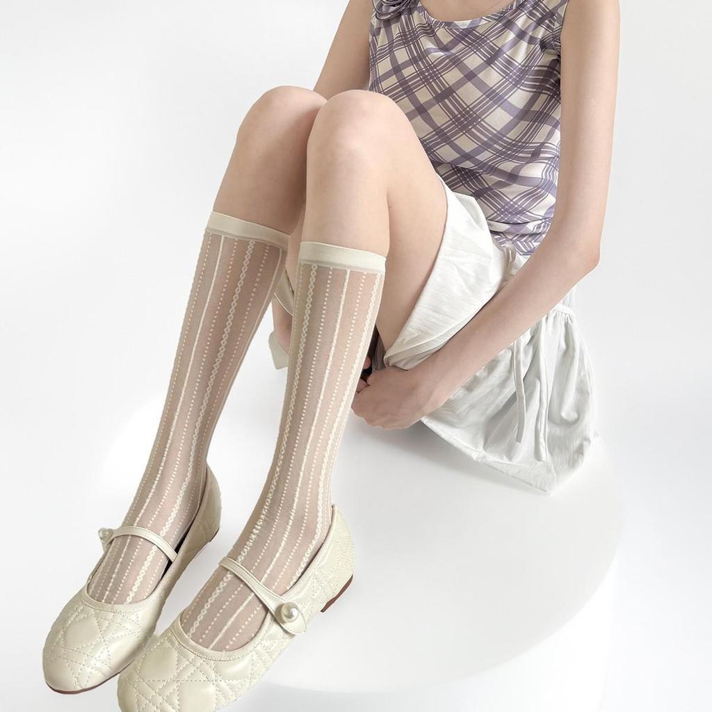 Niche Beaded Curtain Vertical Stripe Jacquard Silk Stockings: Lace French Calf Socks In Pure Desire Milk White