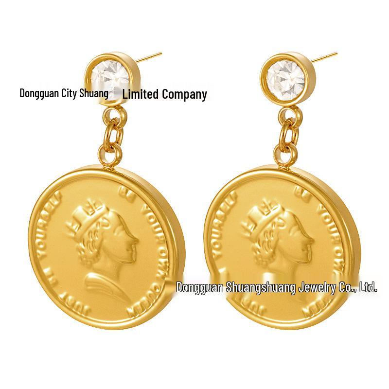 

High-Grade European Retro Coin Pendant Stainless Steel Stud Earrings