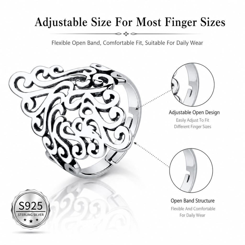 Vintage Ring 925 Sterling Silver Peacock Cloud Adjustable Open Finger Jewelry