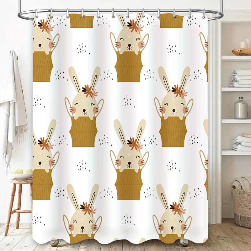 Adorable Rabbit Shower Curtain Bath Decor with Flower Crown Design for Bathroom Rustic Country Cottage Style Room Decoration
