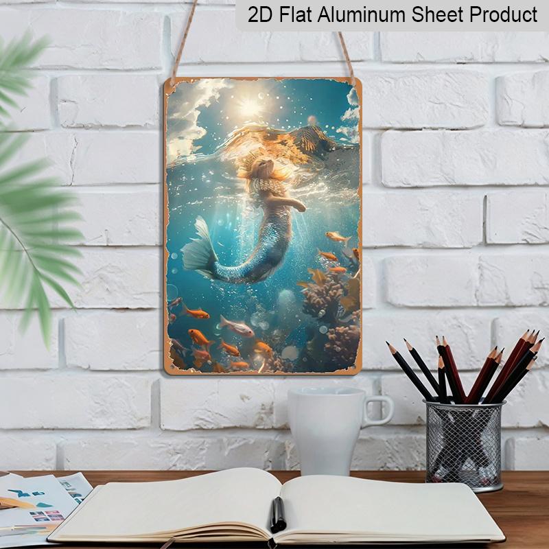 2D Flat, 1pc 7.87*11.8 Inch Vintage Mermaid & Sea Life Aluminum Sign - Enchanting Underwater Scene with Iridescent Wings, Shimmering Scales & Fish