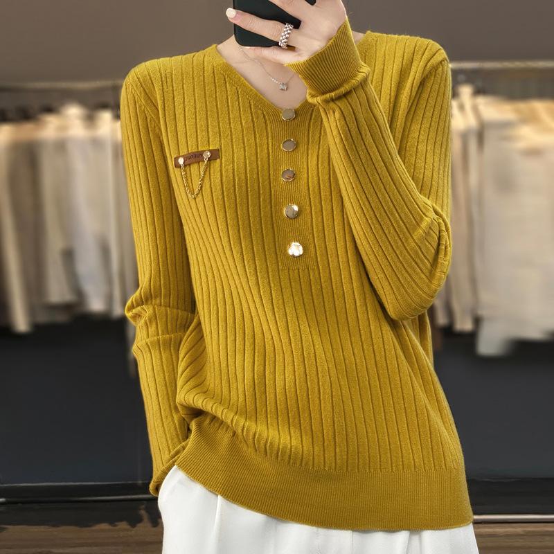 DAFIFY Moterų mados kasdieniai rudens žiemos vienspalviai megztiniai ilgomis rankovėmis V formos iškirpte