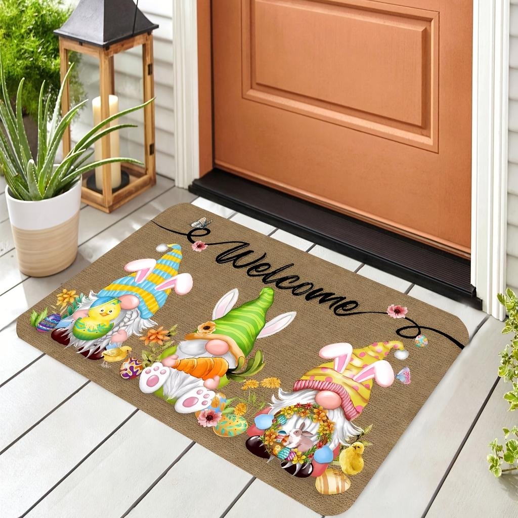 Easter Bunny Dwarf Welcome Doormat, Polyester Non-Slip Machine Washable Rug for Kitchen Bathroom Dining Room Entryway Decor