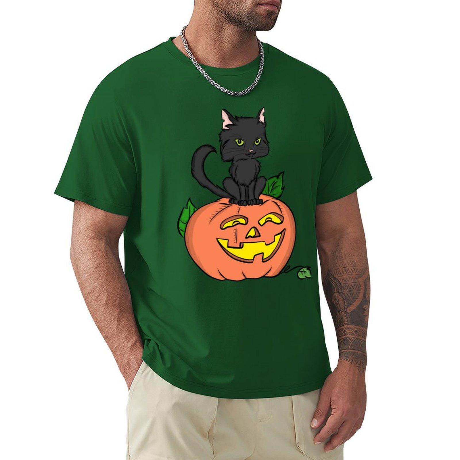 

Черный кот и тыква Футболка Аниме одежда Оверсайз графическая футболка Приталенные футболки для мужчин 4XL зелёный