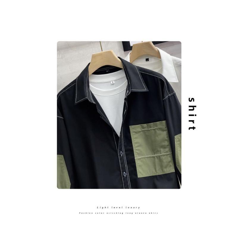 Spring and Autumn Men's Long-sleeved Shirts Fashionable Casual Loose Contrasting Colors Versatile Design Tops
