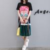 Letnie Damskie Modne Luźne Wygodne Sukienki T-shirtowe Midi Skinny z Blokowaniem Kolorów i Szyciem