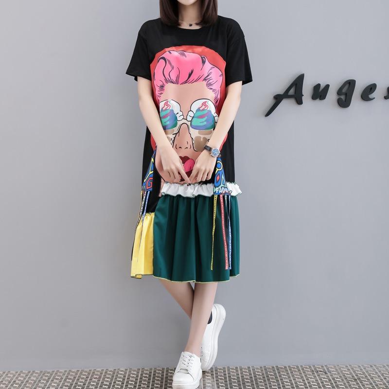 Letnie Damskie Modne Luźne Wygodne Sukienki T-shirtowe Midi Skinny z Blokowaniem Kolorów i Szyciem