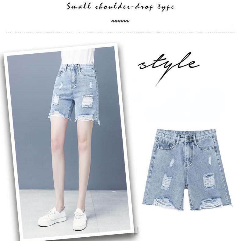 Fashionable Women's High Waisted Wide Leg Jeans Shorts with Holes for Summer