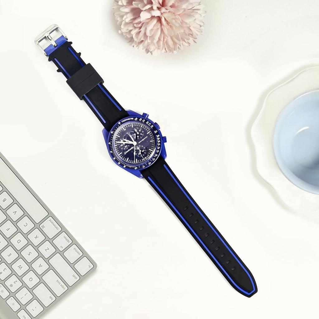 Jumpsunfun 20mm Watch Band for Swatch X OMEGA Speedmaster Silicone Watch Strap with Quick Release Replacement Black and Blue Lines MoonSwatch, Tool,