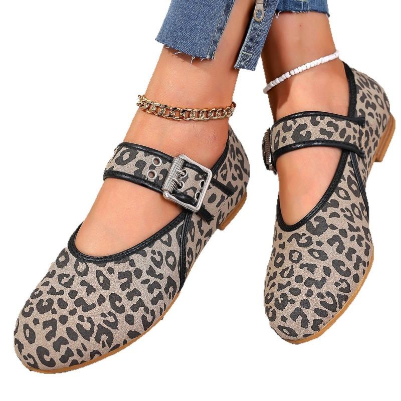 New Women's Single Shoes with Belt Buckle Round Head Straight Belt and Flat Bottom