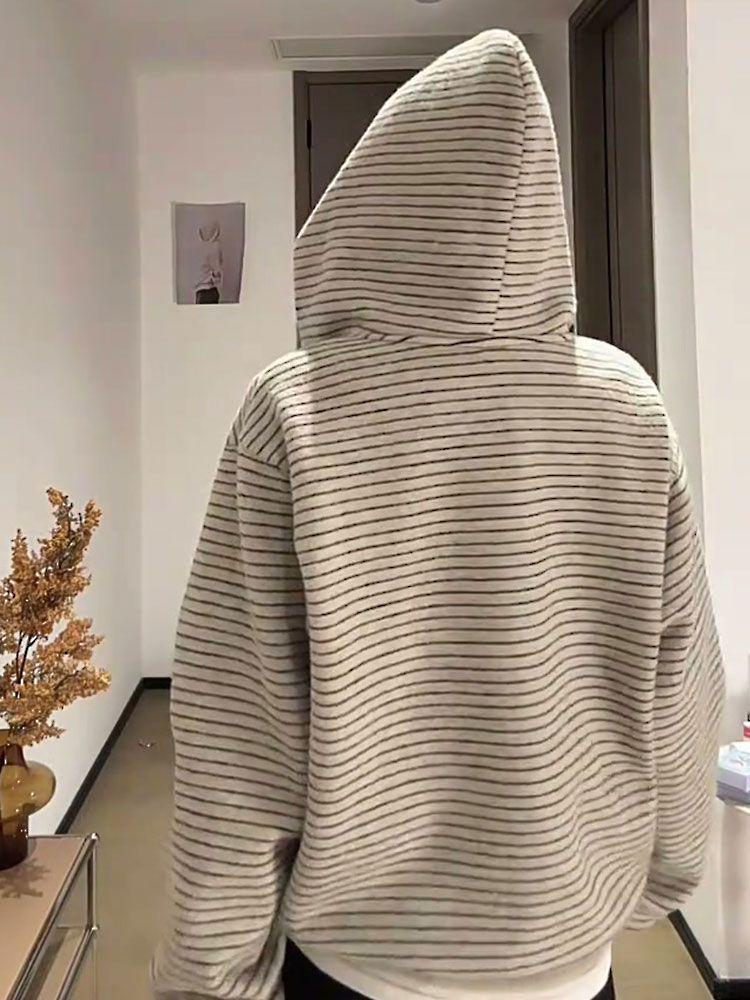 American Retro Korean-Style Women's Hooded Striped Cardigan - Autumn Loose Fit