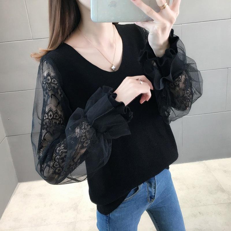 Women's Knitted Shirt Thin Lace Sleeves Low Collar Top Loose Outer Wear Bottom Inner Sweater