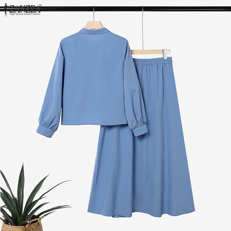 ZANZEA Ensembles Deux Pièces Élégants pour Femmes : Blouse à Manches Longues Bordée de Dentelle et Longues Jupes