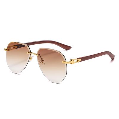 Rimless Vintage Pilot Sunglasses Women Men Luxury Designer Punk Shades Wood Grain Gradient UV400 Protection