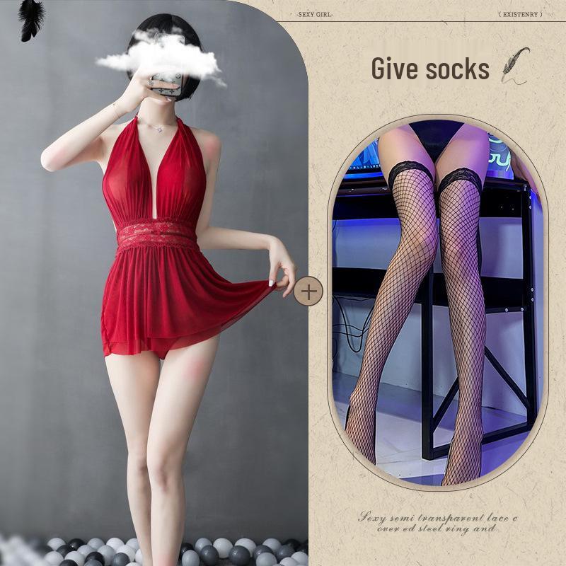 European-American Deep V Backless Mesh Halter Nightdress