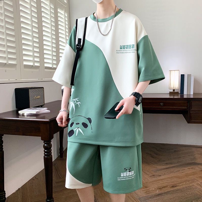 

Summer Teen Leisure Sports Set Men s Fashion Students Handsome Short Sleeve Loose Shorts Two-piece Set XXXL дубильна кора