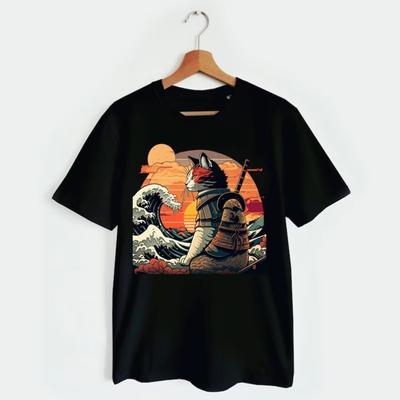 Japanese Samurai Cat TShirt Warrior Feline with Great Wave Red Sun Graphic Printed Tshirt Top for Fashion Women Clothing