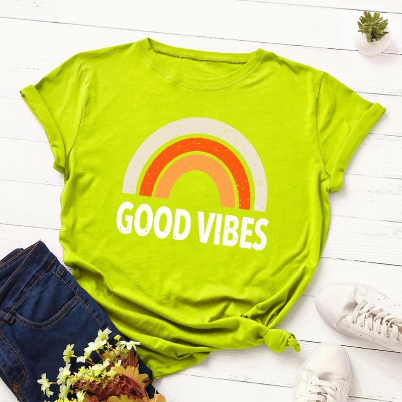 Summer Pure Cotton Women's Rainbow GOOD VIBES Printed Loose Round Neck Short Sleeved T-Shirts Women’s