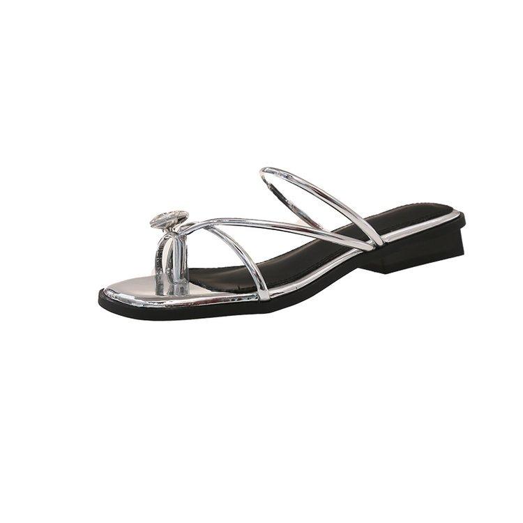French Evening Breeze Cool Slippers Summer Outer Wear Women's Shoes New Year Silver Square Head with Skirt Thick Heel Sandals